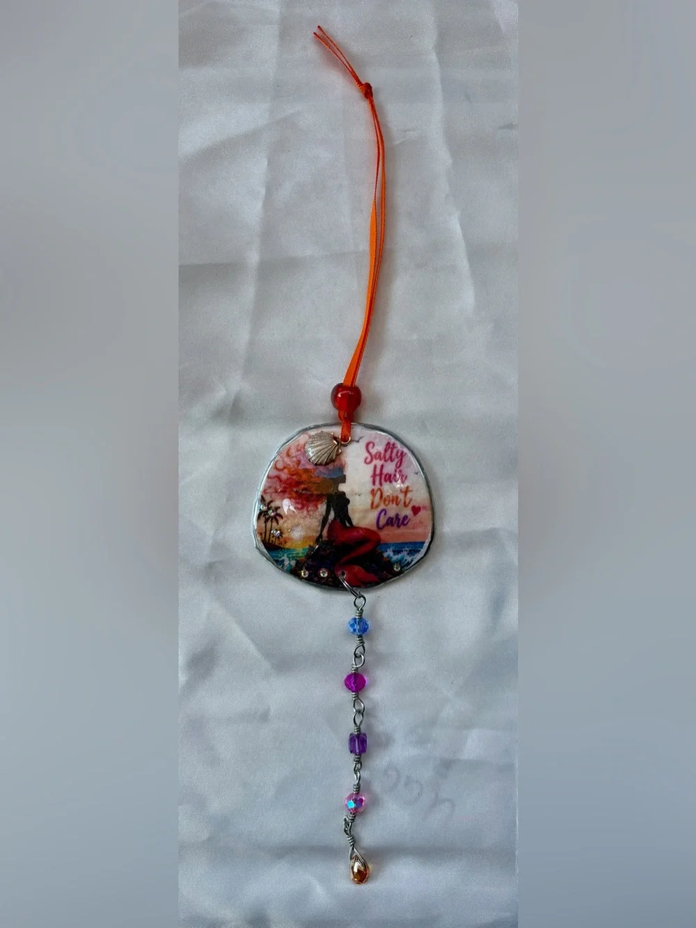 Decoupage Mermaid 'Salty Hair Don't Care' Crystal Sand Dollar Suncatcher